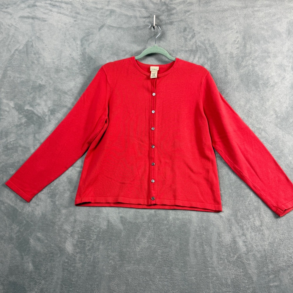 LL Bean Womens M Red Cardigan Button Up Cotton Blend Office Siren Quiet Luxury